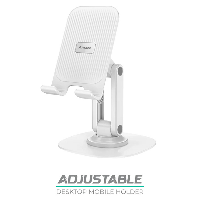 White adjustable desktop mobile holder with 'Amaze' branding on a light gray background
